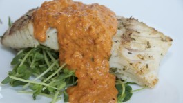 Grilled Halibut with red pepper and tomato sauce
